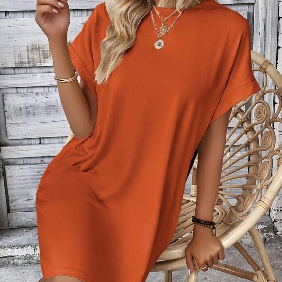 Burnt Orange Boho Womens  Solid Batwing Sleeve Hidden Pocket Tee Dress - Picture 4 of 5